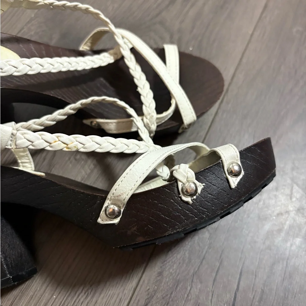 White Braided‎ Strapped Faux Wood Block Heel Studded Sandals Italian Classic